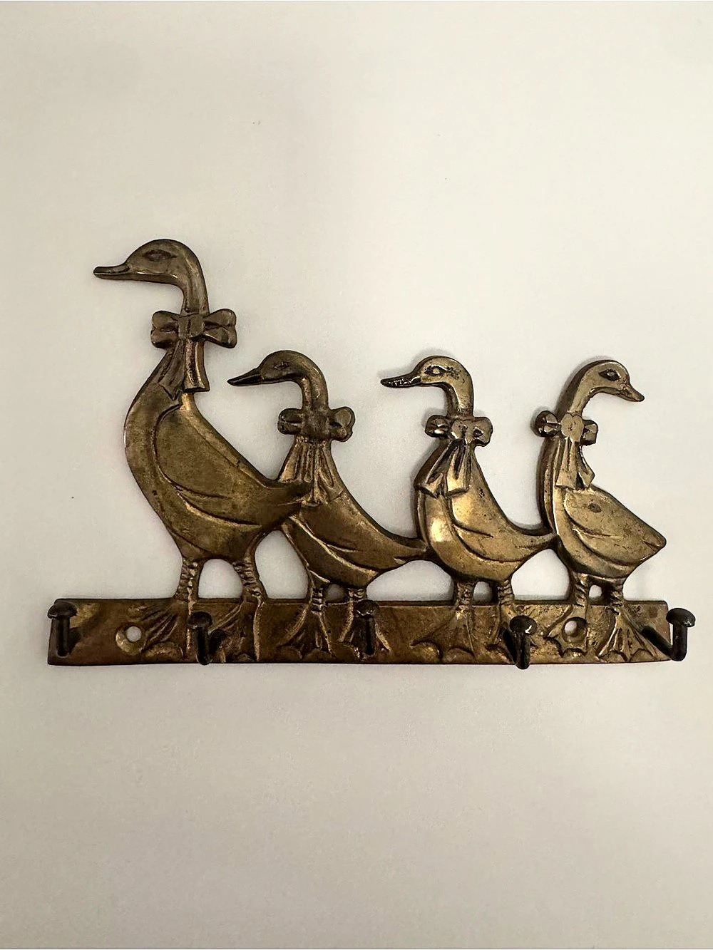 Vintage Brass Mother Goose & Ducklings Key Rack/Wall Hook